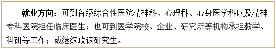 文本框: 就业方向:可到各级综合性医院精神科、心理科、心身医学科以及精神专科医院担任临床医生;也可到医国模性爱
校、企业、研究所等机构承担教学、科研等工作;或继续攻读研究生。